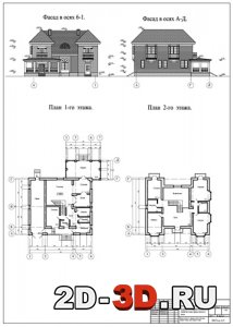 Фасад в осях 6-1, фасад в осях А-Д, план первого этажа, план второго этажа