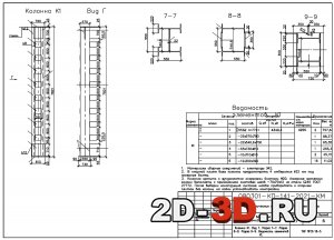 Колонна К1, вид Г, разрез 7-7, разрез 8-8, разрез 9-9, ведомость элементов К1