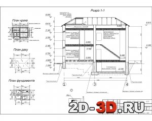Розрiз 1-4 план фундаментiв план крокв план даху